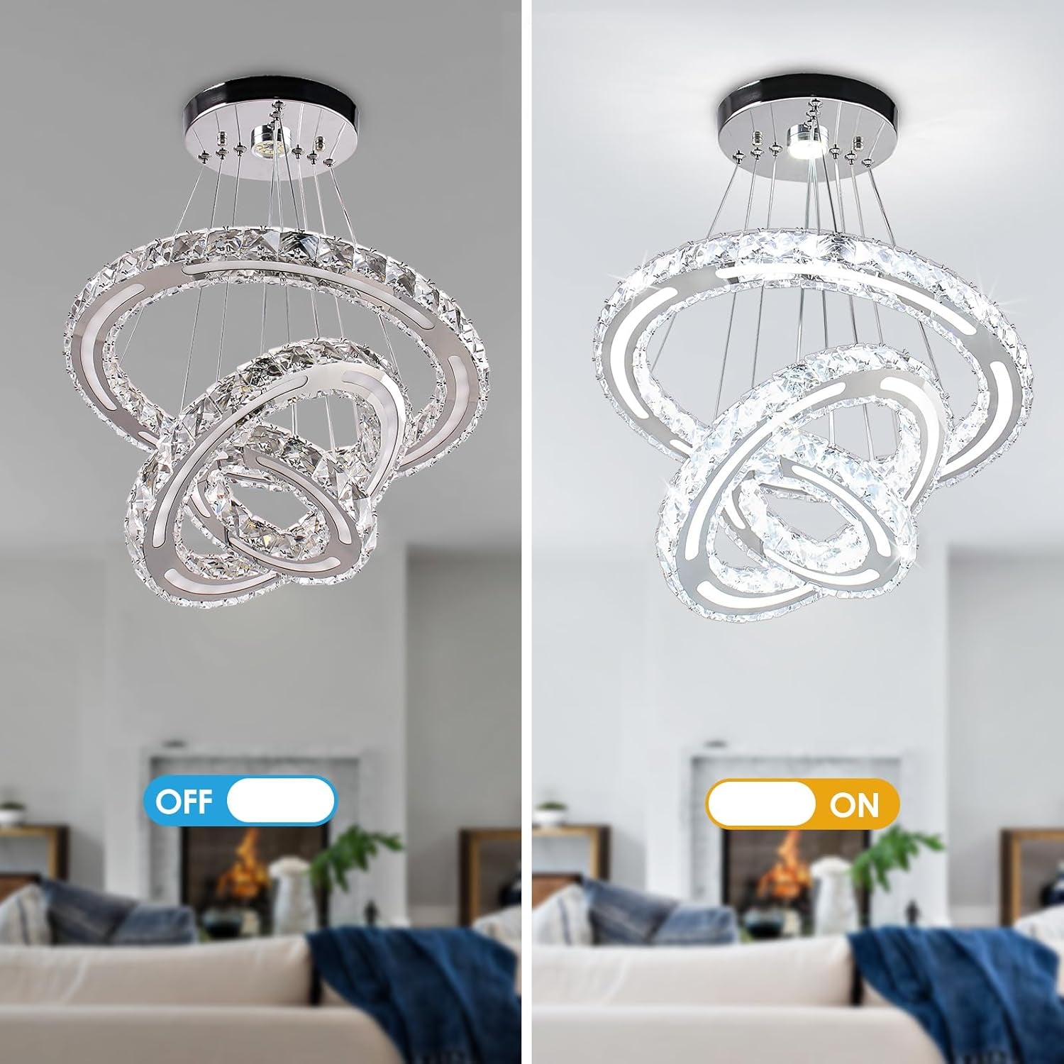 LED Chandeliers Modern Ceiling Light Fixture 3 Rings Adjustable Crystal Chandelier Light Fixture Ceiling Hanging Pendant Light for Living Room Dining Bedrooms Hall