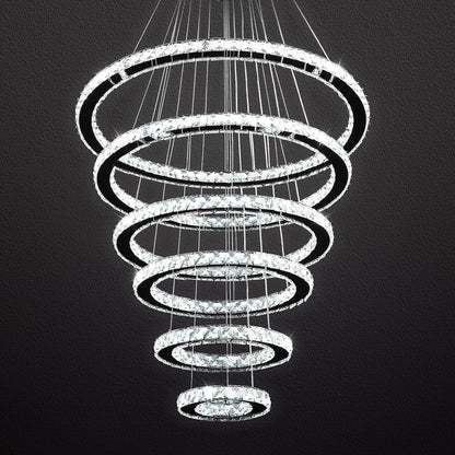 Modern Crystal Chandelier Lighting, 6 Ring Chandelier LED Ceiling Lights Fixtures with 3-Color, High Ceiling Foyer Chandelier for Living Room Dining Room Staircase, D8-12-16"-20"-24"-28"