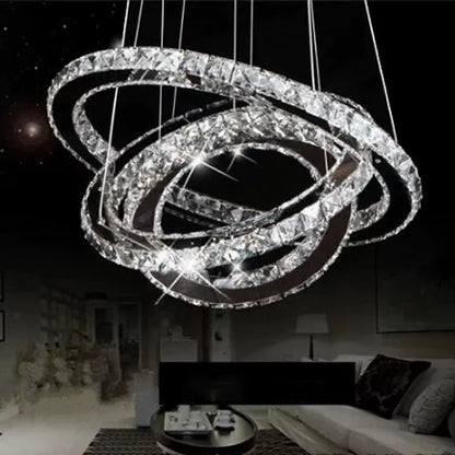 3 Rings Crystal LED Chandelier Light Fixture Crystal Light Lustre Hanging Suspension Light for Dining Room, Foyer, Stairs C-018