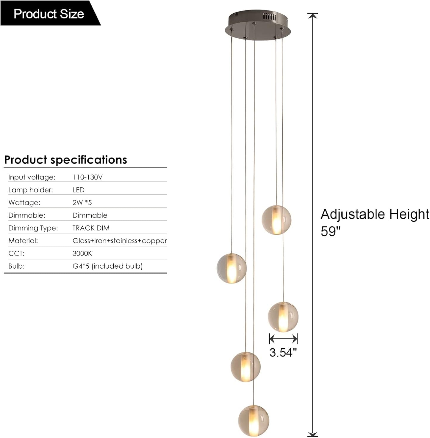 Modern 5-Lights Crystal LED Chandelier Raindrop Shape High Ceiling Pendant Light Crystal Ball Hanging Lighting for Living Room Staircase Entryway Dining Room, Nickel Canopy H59" Including Bulbs