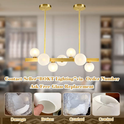 Modern Gold Chandelier 7-Lights Frosted Glass Globe Pendant Light Kitchen Island Linear Hanging Lighting Fixtures for Living Room Bedroom Dining Room Corridor