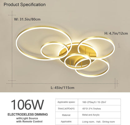 Modern LED Ceiling Light 106W Dimmable LED Acrylic Ceiling Lamp with Remote Control 6 Rings Flush Mount Ceiling Light Gold Ceiling Chandelier for Living Room Dining Room Bedroom Kitchen (5+1G01)