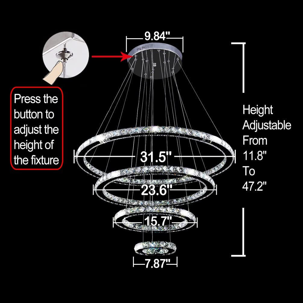 Crystal Chandeliers Modern LED Ceiling Lights Fixtures Pendant Lighting Dining Room Chandelier Contemporary Adjustable Stainless Steel Cable 4 Rings DIY Design D31.5+23.6"+15.7"+7.8"