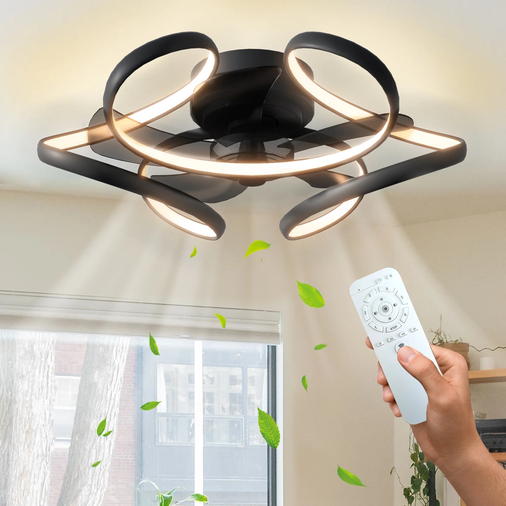 Ceiling Fan with Light Remote 6 Speeds 3 Colors Low Profile Modern Ceiling Fans Bladeless Flush Mount Ceiling Fan Geometric Reversible Dimmable for Living Room Bedroom Kitchen Black