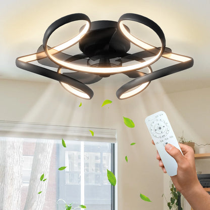 Ceiling Fan with Light Remote 6 Speeds 3 Colors Low Profile Modern Ceiling Fans Bladeless Flush Mount Ceiling Fan Geometric Reversible Dimmable for Living Room Bedroom Kitchen Black