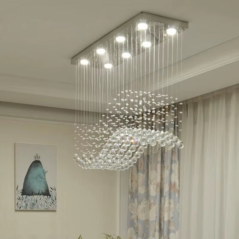 K9 Crystal Chandeliers LED Chrome Finished Light Wave Art Decor Modern Suspension Lighting Hotel Villa Hanging Lamp