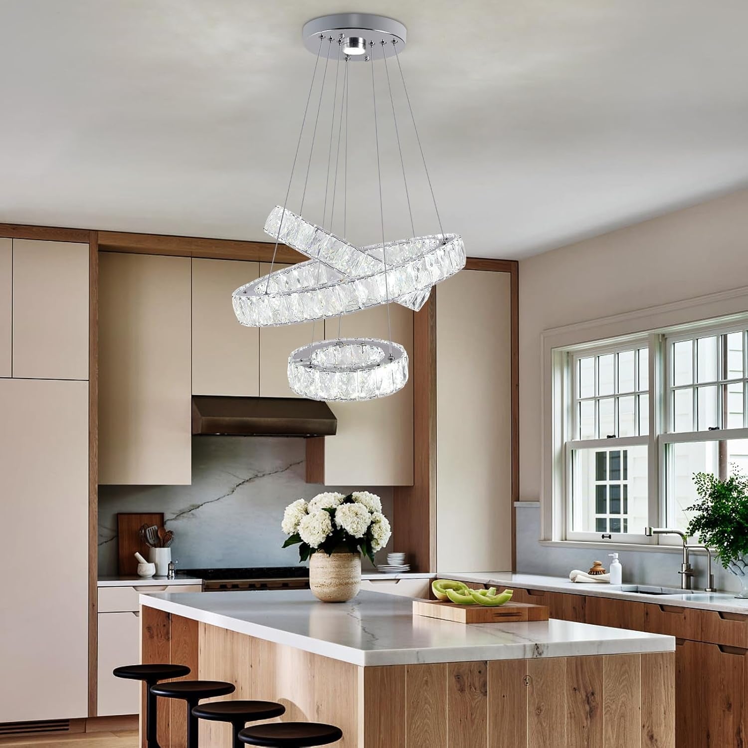 Modern 3 Rings Crystal Pendant Ceiling Light Fixture, LED DIY Crystal Chandeliers Lighting Fixture Adjustable Stainless Steel round Crystal Ceiling Pendant Lamp for Dining Room(20+30+40 Cold White)