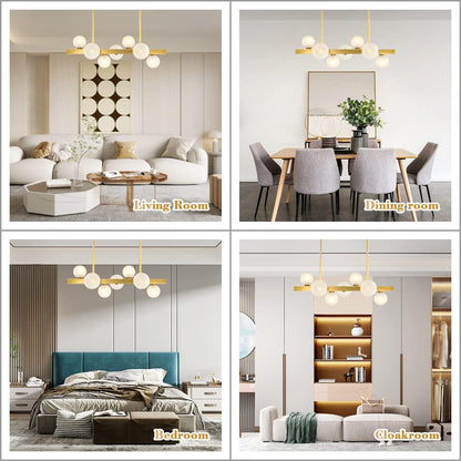 Modern Gold Chandelier 7-Lights Frosted Glass Globe Pendant Light Kitchen Island Linear Hanging Lighting Fixtures for Living Room Bedroom Dining Room Corridor