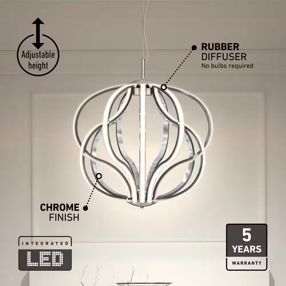 Meridian 30-Watt 1 Light Chrome Modern Integrated LED Pendant Light Fixture for Dining Room or Kitchen