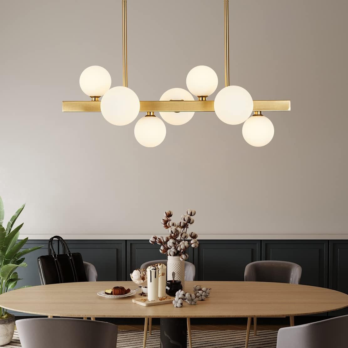 Modern Gold Chandelier 7-Lights Frosted Glass Globe Pendant Light Kitchen Island Linear Hanging Lighting Fixtures for Living Room Bedroom Dining Room Corridor